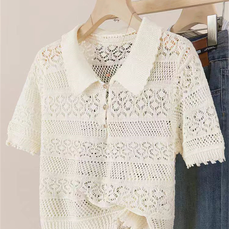 Francia Édes Nyári Új Rövid Ujjú Felső Dizájn Sense Horgolt Üreges Hajtású, Minden Méretre Egyező Laza Karcsú Pulóver