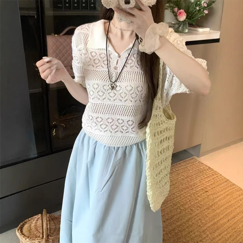 Francia Édes Nyári Új Rövid Ujjú Felső Dizájn Sense Horgolt Üreges Hajtású, Minden Méretre Egyező Laza Karcsú Pulóver