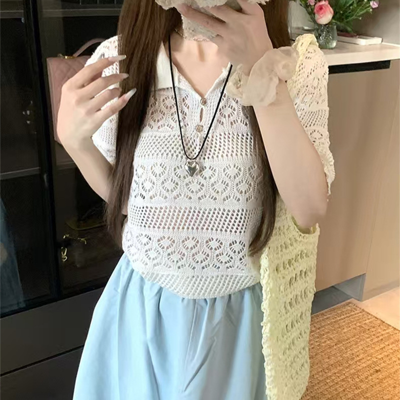 Francia Édes Nyári Új Rövid Ujjú Felső Dizájn Sense Horgolt Üreges Hajtású, Minden Méretre Egyező Laza Karcsú Pulóver