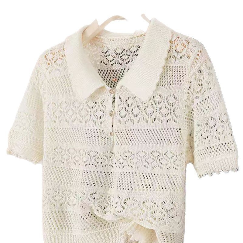 Francia Édes Nyári Új Rövid Ujjú Felső Dizájn Sense Horgolt Üreges Hajtású, Minden Méretre Egyező Laza Karcsú Pulóver