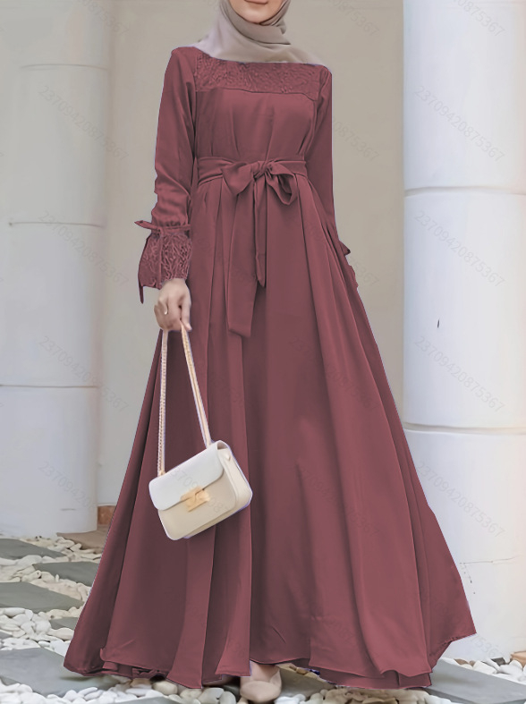 Muszlim hagyományos ruha, egyszínű, elegáns és laza szabású, csipke foltvarrásos abaya női ruhák