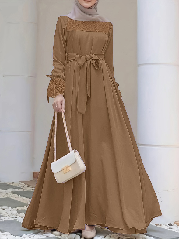 Muszlim hagyományos ruha, egyszínű, elegáns és laza szabású, csipke foltvarrásos abaya női ruhák