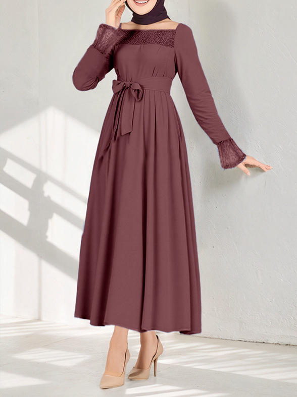 Muszlim hagyományos ruha, egyszínű, elegáns és laza szabású, csipke foltvarrásos abaya női ruhák