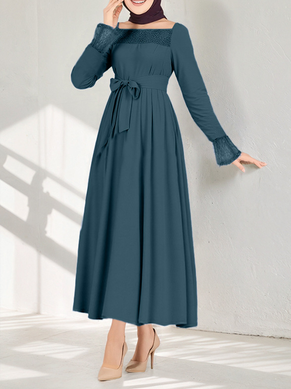 Muszlim hagyományos ruha, egyszínű, elegáns és laza szabású, csipke foltvarrásos abaya női ruhák