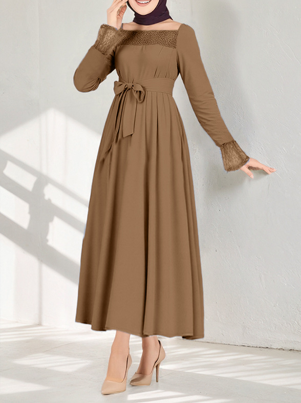 Muszlim hagyományos ruha, egyszínű, elegáns és laza szabású, csipke foltvarrásos abaya női ruhák