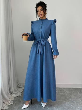 Νέο στυλ φόρεμα με μακριά μανίκια που σφίγγει τη μέση, κομψό, ρετρό, κουλ στυλ, φούστα μεσαίου μήκους για γυναίκες