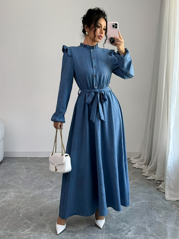 Új Stílusú, Derékösszehúzó Hosszú Ujjú Elegáns Ruha Retro Laza Stílusú, Közepes Hosszú Szoknya Női