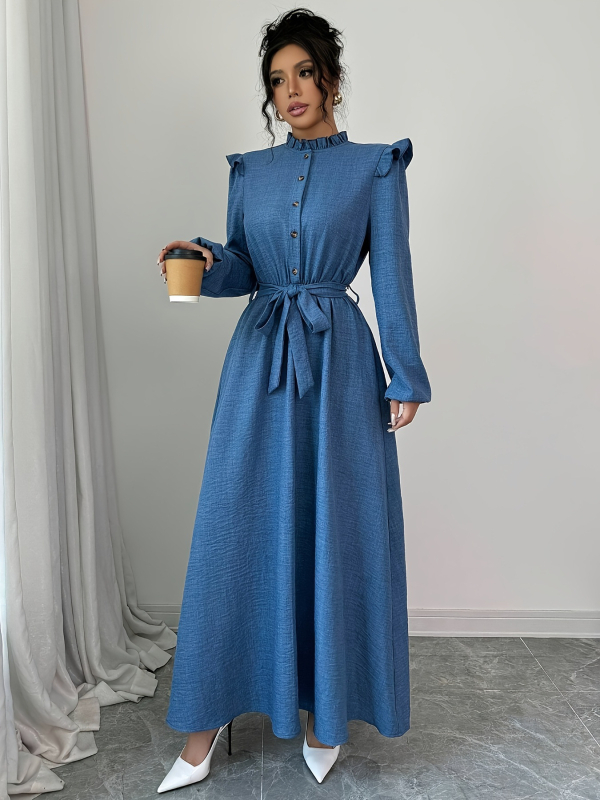 Új Stílusú, Derékösszehúzó Hosszú Ujjú Elegáns Ruha Retro Laza Stílusú, Közepes Hosszú Szoknya Női