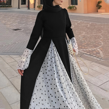 M4055 Amazon Női Közel-Keleti Kerek Nyakú, Kontrasztos Színű, Pöttyös, Harangujjas, Hosszú, Elegáns Ruha