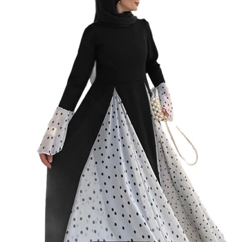 M4055 Amazon Női Közel-Keleti Kerek Nyakú, Kontrasztos Színű, Pöttyös, Harangujjas, Hosszú, Elegáns Ruha