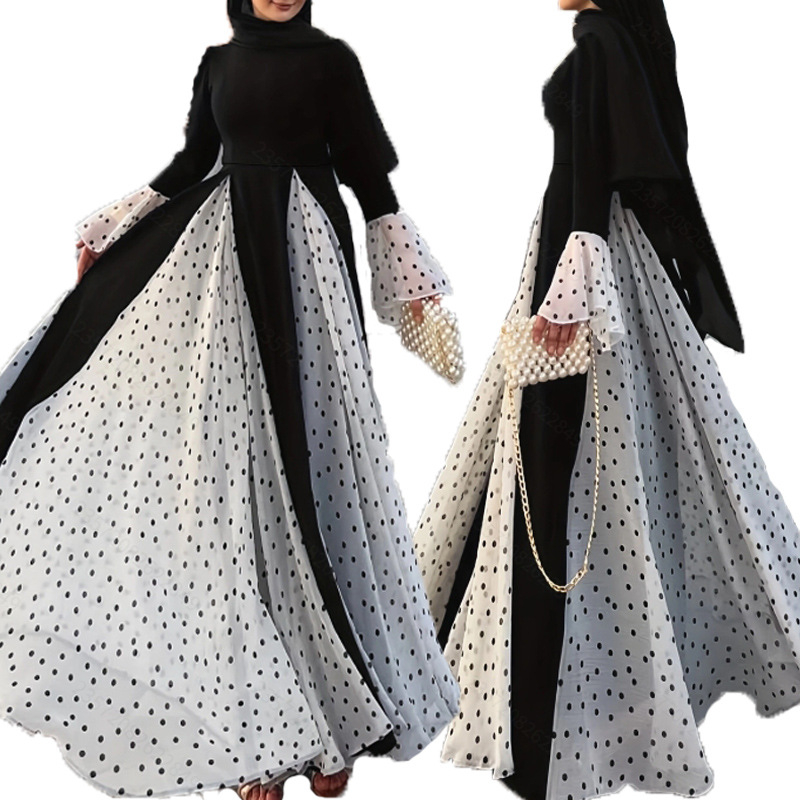 M4055 Amazon Női Közel-Keleti Kerek Nyakú, Kontrasztos Színű, Pöttyös, Harangujjas, Hosszú, Elegáns Ruha