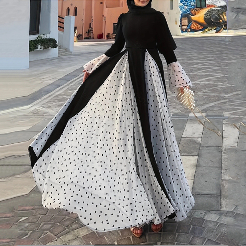 M4055 Amazon Női Közel-Keleti Kerek Nyakú, Kontrasztos Színű, Pöttyös, Harangujjas, Hosszú, Elegáns Ruha