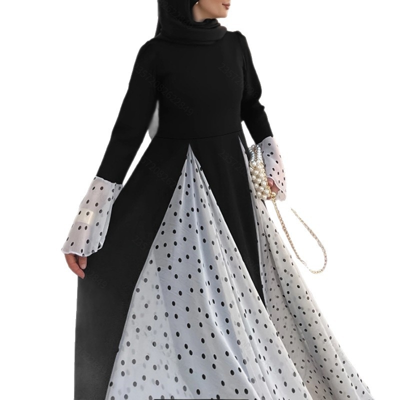 M4055 Amazon Női Közel-Keleti Kerek Nyakú, Kontrasztos Színű, Pöttyös, Harangujjas, Hosszú, Elegáns Ruha