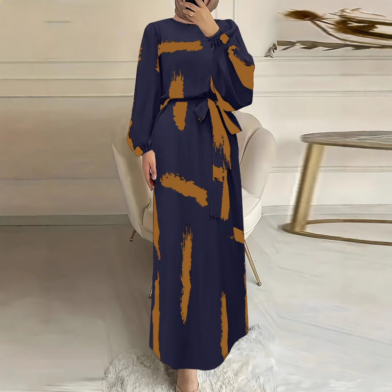 Őszi Külkereskedelmi Független Állomás Elegáns Közel-Keleti Női Muszlim Köntös Női Hosszú Szoknya Nyomtatott Hosszú Ujjú Ruha High End