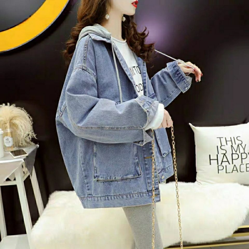 Határokon átnyúló kapucnis farmerdzseki női koreai stílusú, laza, új stílusú, mindenhez illő, utcai viseletre alkalmas retró felső