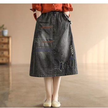 2023 Νέα Πρωτότυπη Φούστα Τζιν με Κέντημα και Ρίγες σε Έθνικ Στυλ, Γυναικεία Φούστα μεσαίου Μήκους, Αδυνατιστική, Χαλαρή