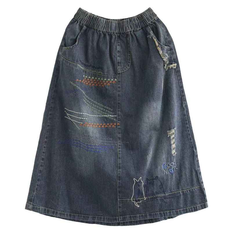 2023 Új, eredeti, művészi, etnikai stílusú, hímzett, párnázott, szakadt farmerszoknya Női, laza, karcsúsító, középhosszú szoknya