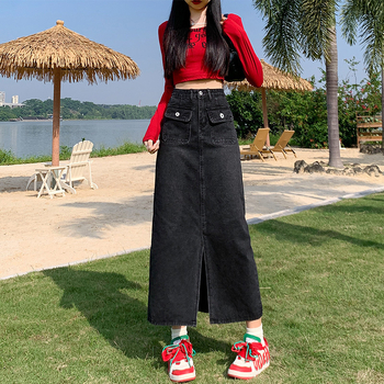 Személyre szabott farmerszoknya nőknek tavaszi és nyári új, magas derekú, karcsúsító megjelenésű, A-vonalú, középhosszú, hasított, csípőt takaró farmerszoknya