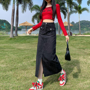 Εξατομικευμένη φούστα τζιν για γυναίκες Άνοιξη και Καλοκαίρι Νέα ψηλή μέση με λεπτό look σε γραμμή Α και σκίσιμο στους γοφούς.