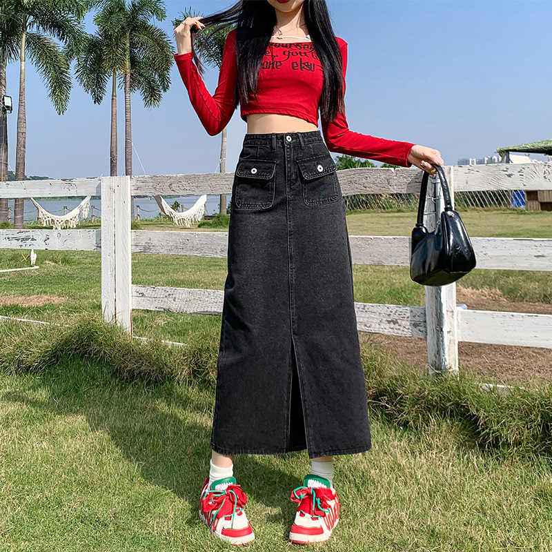 Személyre szabott farmerszoknya nőknek tavaszi és nyári új, magas derekú, karcsúsító megjelenésű, A-vonalú, középhosszú, hasított, csípőt takaró farmerszoknya