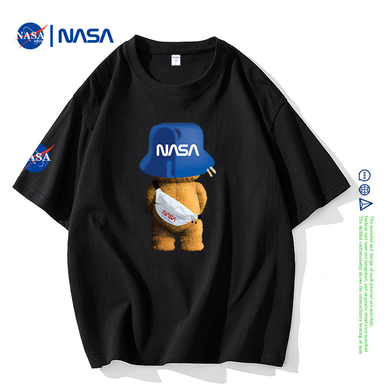 NASA Joint rövid ujjú férfi nyári póló, tiszta pamut, laza, divatos, márkás, bevarrt medvemintás páros félujjú, divatos felső