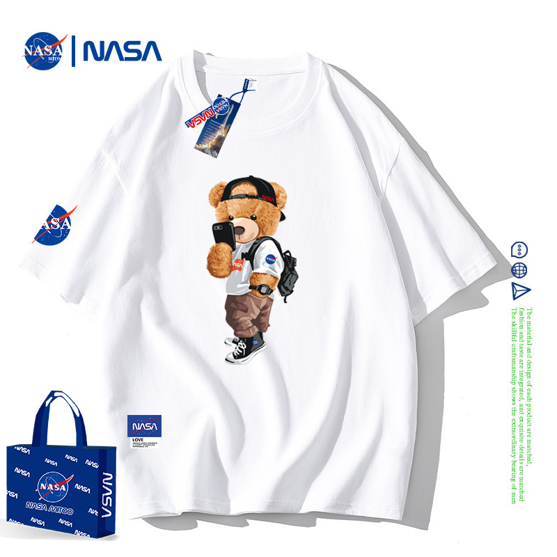 NASA Joint rövid ujjú férfi nyári póló, tiszta pamut, laza, divatos, márkás, bevarrt medvemintás páros félujjú, divatos felső