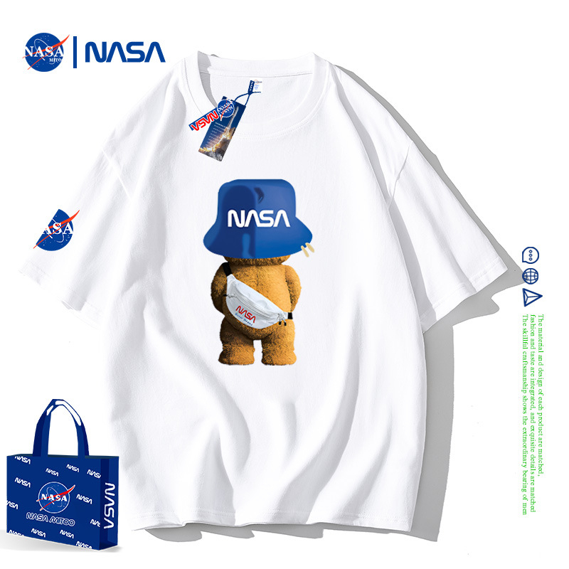 NASA Joint rövid ujjú férfi nyári póló, tiszta pamut, laza, divatos, márkás, bevarrt medvemintás páros félujjú, divatos felső