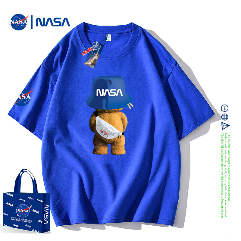 NASA Joint rövid ujjú férfi nyári póló, tiszta pamut, laza, divatos, márkás, bevarrt medvemintás páros félujjú, divatos felső