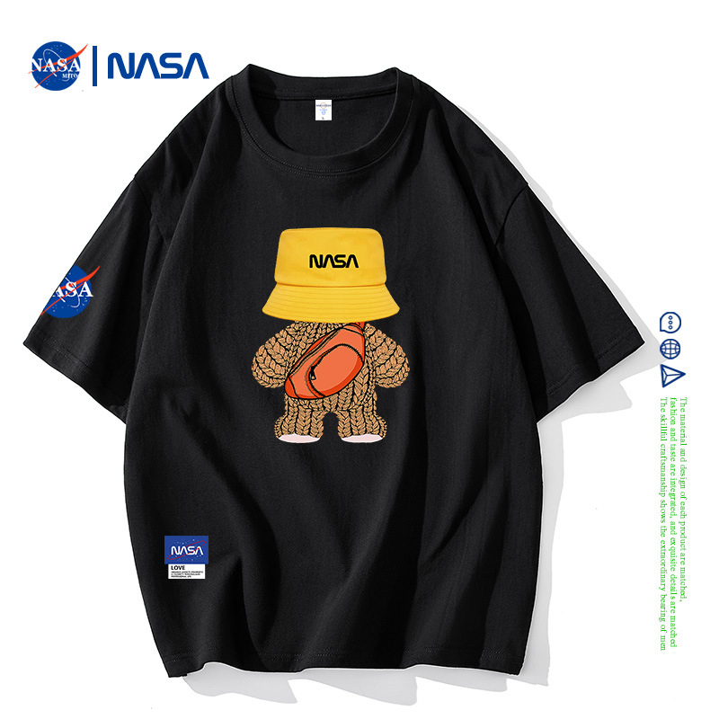 NASA Joint rövid ujjú férfi nyári póló, tiszta pamut, laza, divatos, márkás, bevarrt medvemintás páros félujjú, divatos felső