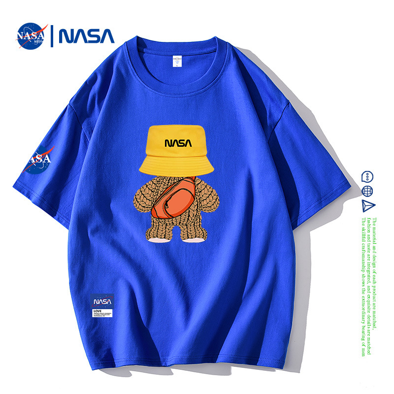 NASA Joint rövid ujjú férfi nyári póló, tiszta pamut, laza, divatos, márkás, bevarrt medvemintás páros félujjú, divatos felső