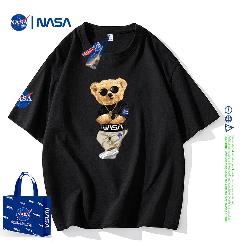 NASA Joint rövid ujjú férfi nyári póló, tiszta pamut, laza, divatos, márkás, bevarrt medvemintás páros félujjú, divatos felső