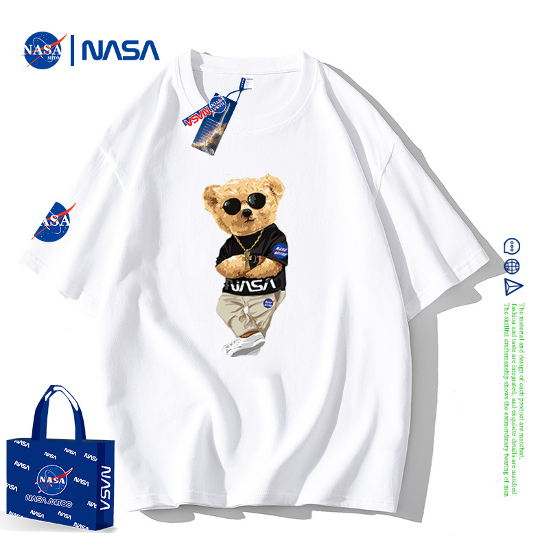 NASA Joint rövid ujjú férfi nyári póló, tiszta pamut, laza, divatos, márkás, bevarrt medvemintás páros félujjú, divatos felső