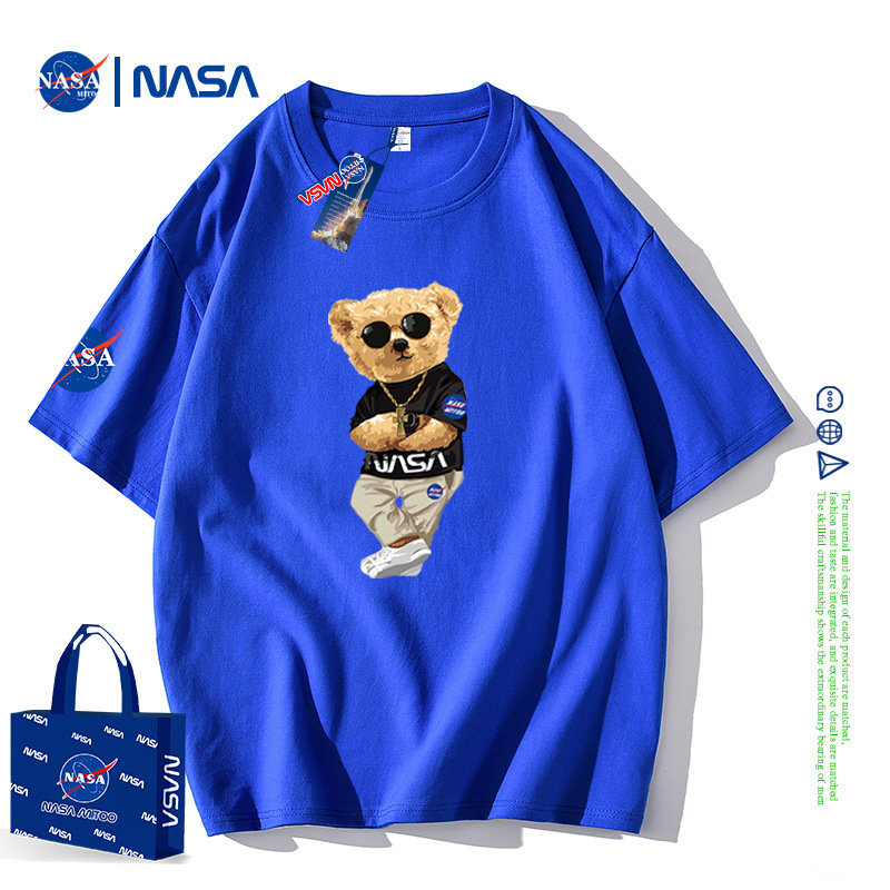 NASA Joint rövid ujjú férfi nyári póló, tiszta pamut, laza, divatos, márkás, bevarrt medvemintás páros félujjú, divatos felső