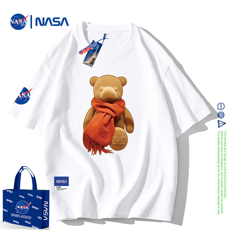 NASA Joint rövid ujjú férfi nyári póló, tiszta pamut, laza, divatos, márkás, bevarrt medvemintás páros félujjú, divatos felső