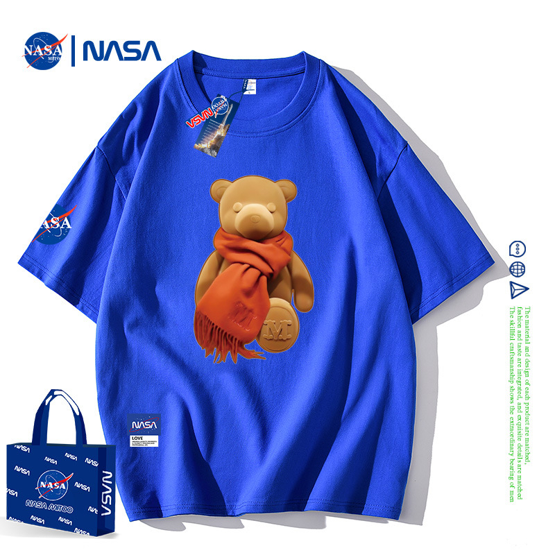 NASA Joint rövid ujjú férfi nyári póló, tiszta pamut, laza, divatos, márkás, bevarrt medvemintás páros félujjú, divatos felső