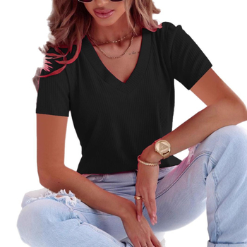 2025 Amazon Cross-Border European and American Vitality Pure Color V-Neck T-Shirt Μεγάλο Μέγεθος Κανονικό Κοντό Μανίκι Casual Στυλ Γυναικείο