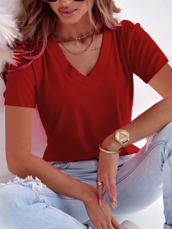 2025 Amazon határokon átnyúló európai és amerikai Vitality tiszta színű V-nyakú póló nagy méret normál rövid ujjú hétköznapi stílusú női