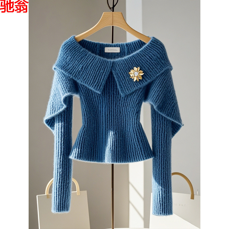 W9Q felsőkategóriás, szuper kinézetű, kék derekú női pulóver, őszi viselet, külföldi stílusú, felsőkategóriás, sikkes, váll nélküli kötött anyag