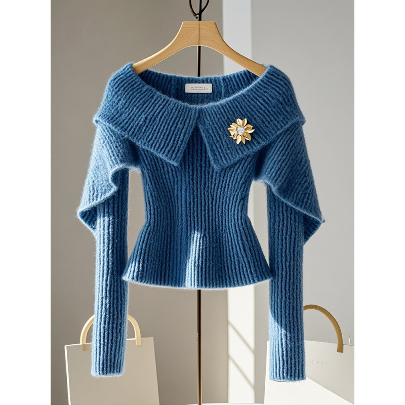 W9Q felsőkategóriás, szuper kinézetű, kék derekú női pulóver, őszi viselet, külföldi stílusú, felsőkategóriás, sikkes, váll nélküli kötött anyag