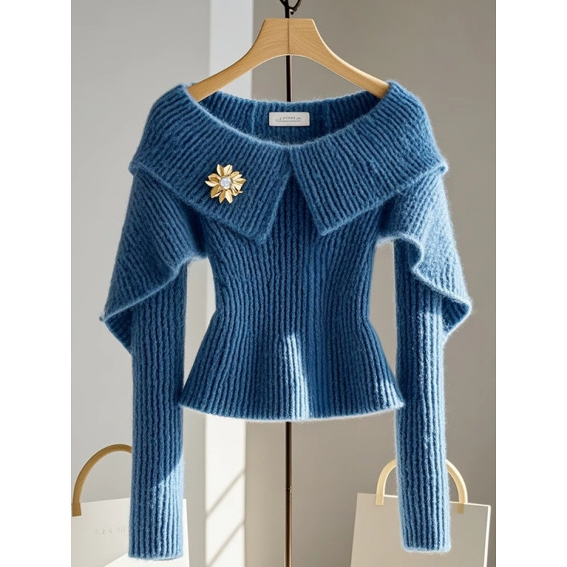 W9Q felsőkategóriás, szuper kinézetű, kék derekú női pulóver, őszi viselet, külföldi stílusú, felsőkategóriás, sikkes, váll nélküli kötött anyag