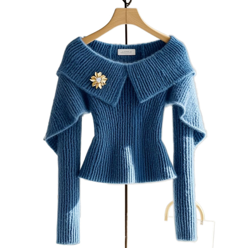 W9Q felsőkategóriás, szuper kinézetű, kék derekú női pulóver, őszi viselet, külföldi stílusú, felsőkategóriás, sikkes, váll nélküli kötött anyag