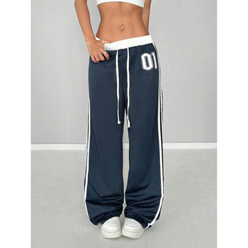 Utcai divatmárka csíkos lezser nadrág női Amazon határokon átnyúló 2025 új kontrasztos színű laza fűzős all-meccs nadrág