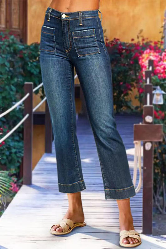 Határokon átnyúló exkluzív, független állomású Amazon 2025 magas derekú, rugalmas, divatos, sokoldalú, kopott, rövidített farmernadrág nőknek