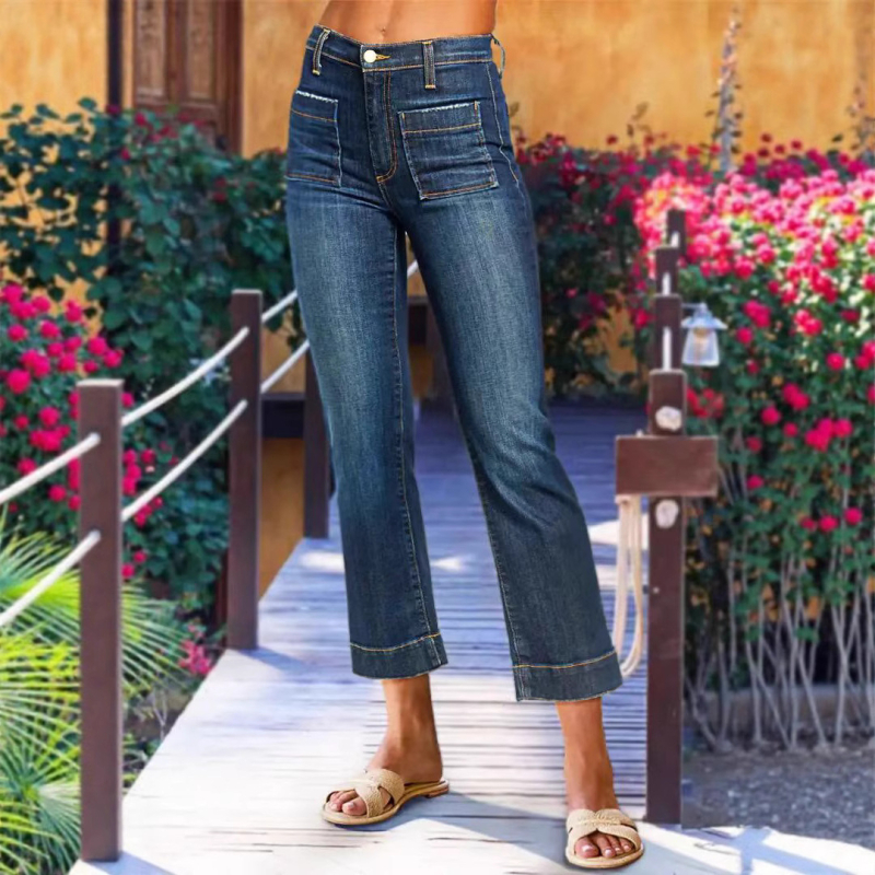 Határokon átnyúló exkluzív, független állomású Amazon 2025 magas derekú, rugalmas, divatos, sokoldalú, kopott, rövidített farmernadrág nőknek