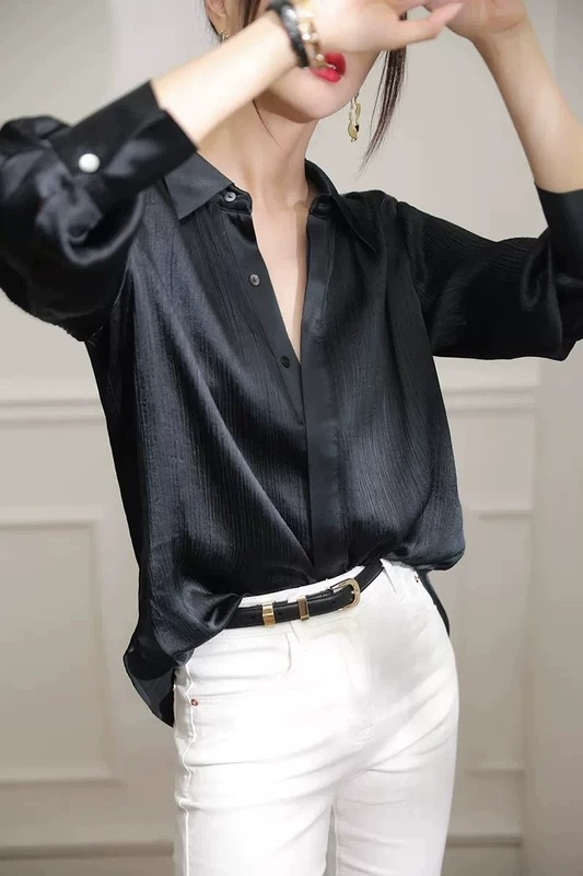 Ecetsav Ing Női Hosszú Ujjú, Kiváló Minőségű, Rakott, Kiváló Minőségű, Egyszínű Elegáns Tavaszi Ing Női Laza Réz Ammónia Selyem Felső