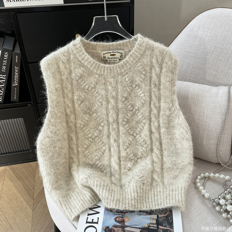Koreai stílusú, puha, viaszos, csavart kötött mellény nőknek, tavaszi és őszi új, vastagított, réteges, kerek nyakú pulóvermellény, mellény, külső viselet