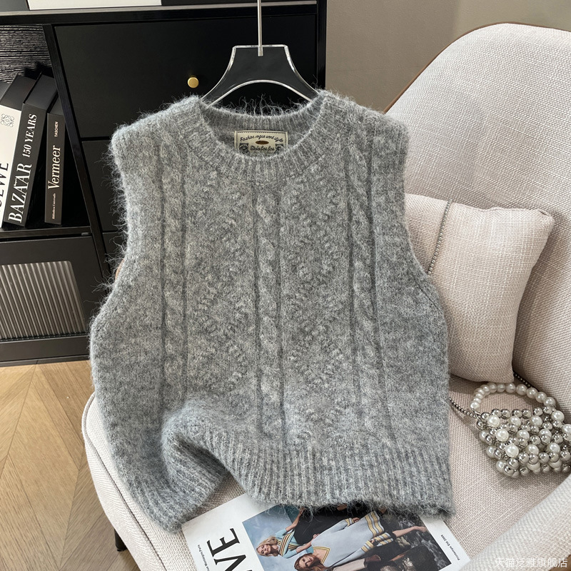Koreai stílusú, puha, viaszos, csavart kötött mellény nőknek, tavaszi és őszi új, vastagított, réteges, kerek nyakú pulóvermellény, mellény, külső viselet