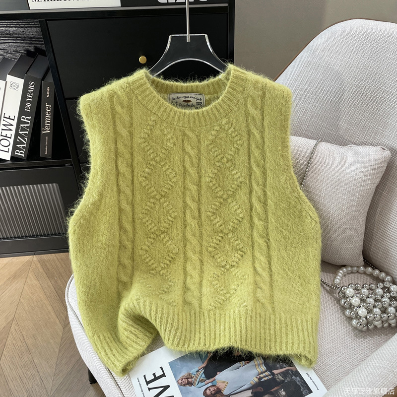 Koreai stílusú, puha, viaszos, csavart kötött mellény nőknek, tavaszi és őszi új, vastagított, réteges, kerek nyakú pulóvermellény, mellény, külső viselet