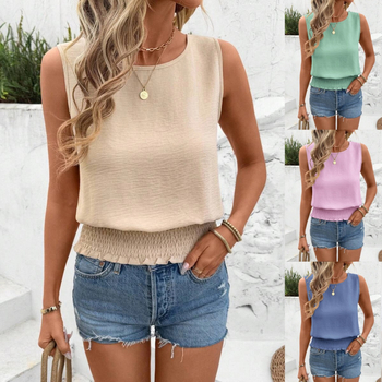 Határokon átnyúló külkereskedelem 2025 nyári női ruházat Amazon Európa és Amerika Határokon átnyúló új, egyszínű, kereknyakú mellény, alkalmi női felső