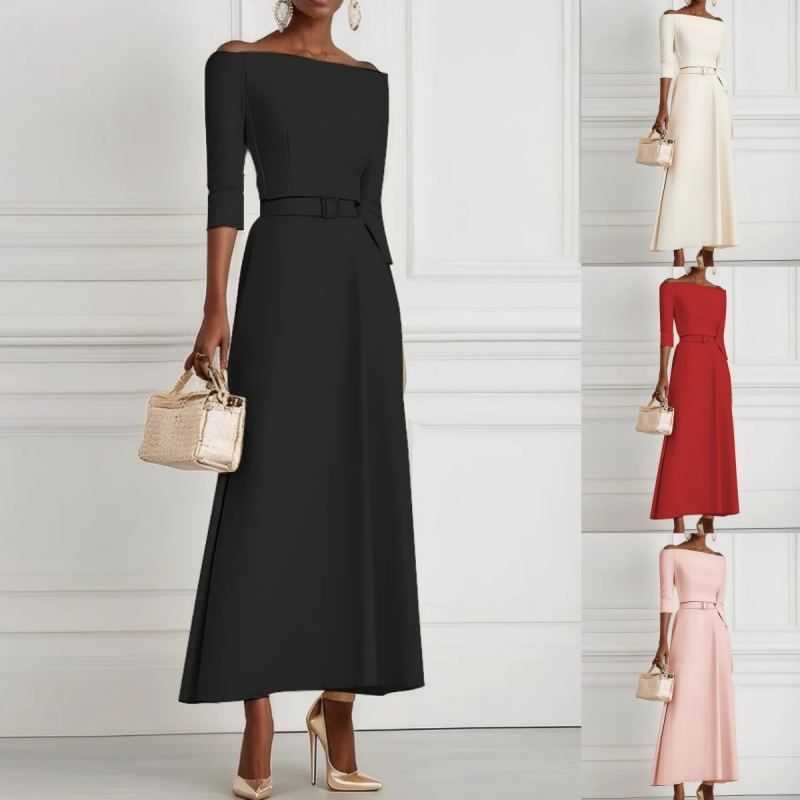2025-ös európai és amerikai Amazon határokon átnyúló, divatos tavaszi és nyári, tiszta színű, divatos, elegáns derekú, egyvállas női ruha